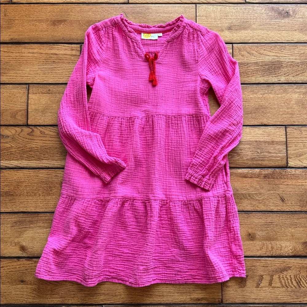 Boden Girls Pink Tiered Gauzy Cotton Dress 11-12y Pockets Long Sleeve Bow Detail